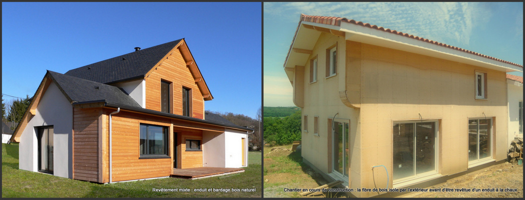 Maisons en bois avec enduit : maison finie à Asson et construction en cours, juste avant le revêtement enduit, à  Ahetze (64, Pyrénées Atlantiques)